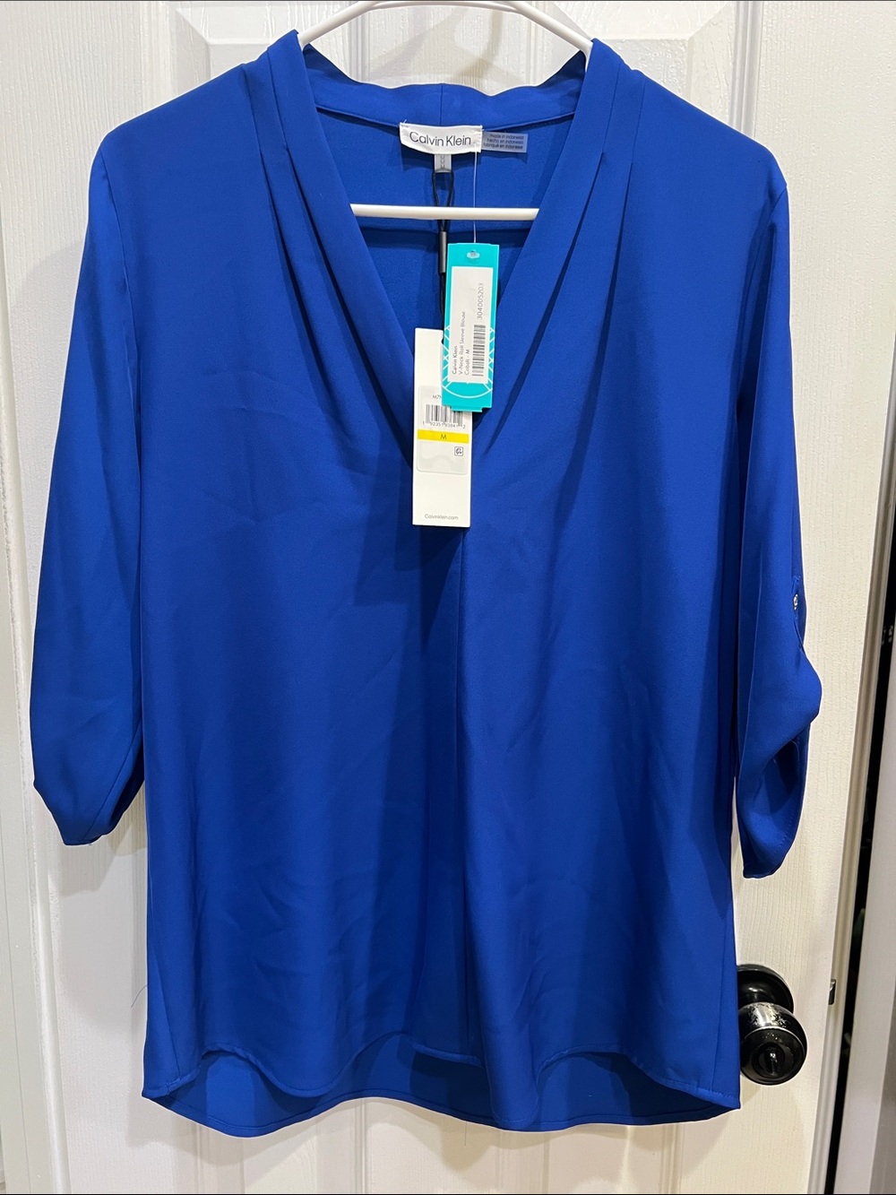 Calvin Klein V-Neck Roll-Tab Sleeve Blouse in Cobalt Blue